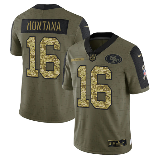 Men's San Francisco 49ers #16 Joe Montana 2021 Olive Camo Salute To Service Limited Stitched Jersey Men's San Francisco 49ers #16 Joe Montana 2021 Olive Camo Salute To Service Limited Stitched Jersey
